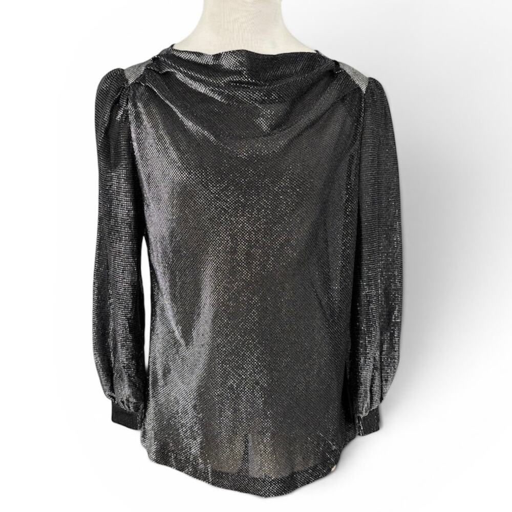 Vintage 70s Silver Shimmer Disco Shirt Womens Size 14 Futuristic Metallic‎ Drape